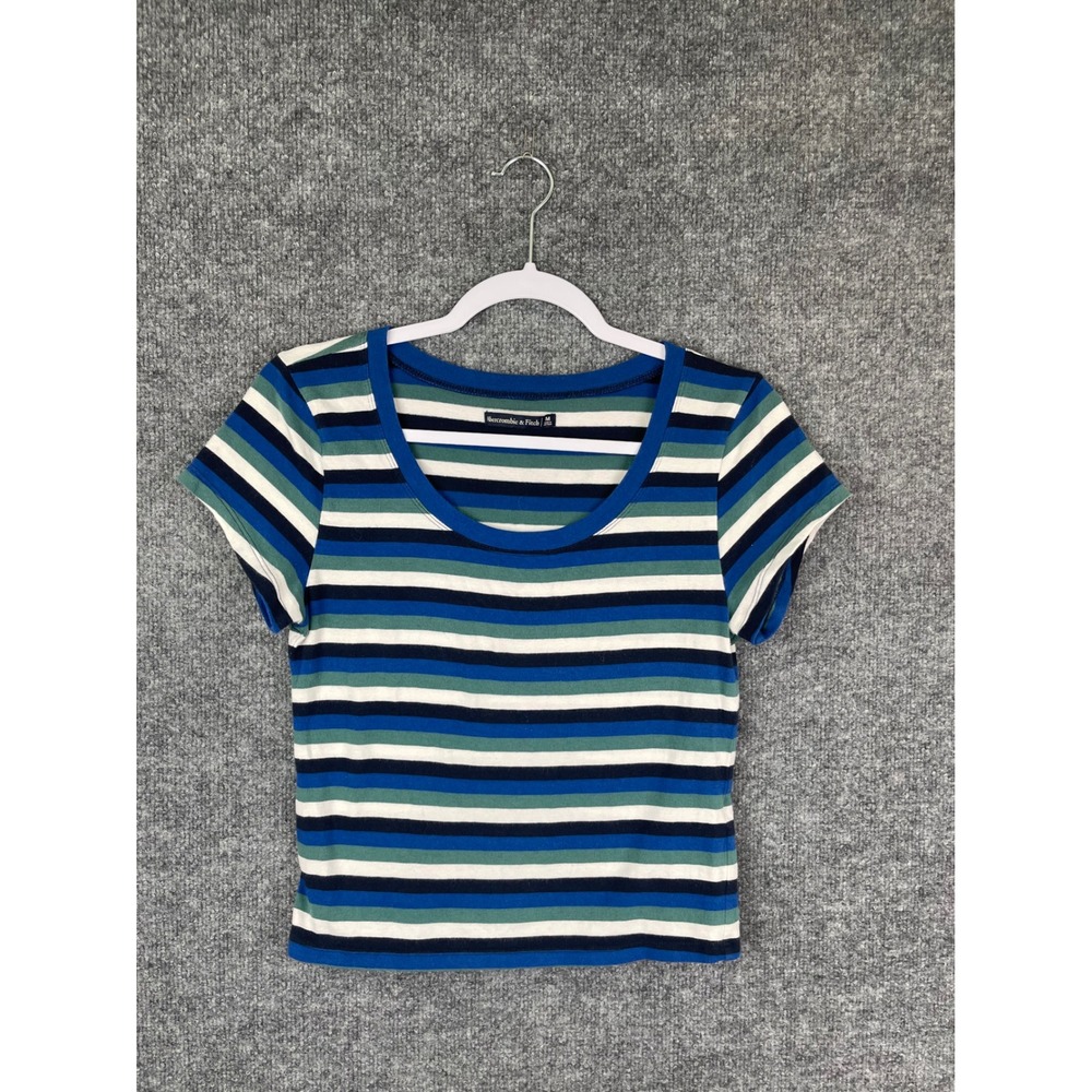 Abercrombie & Fitch Top Women Medium Blue Striped Excellent Short Sleeve Scoop